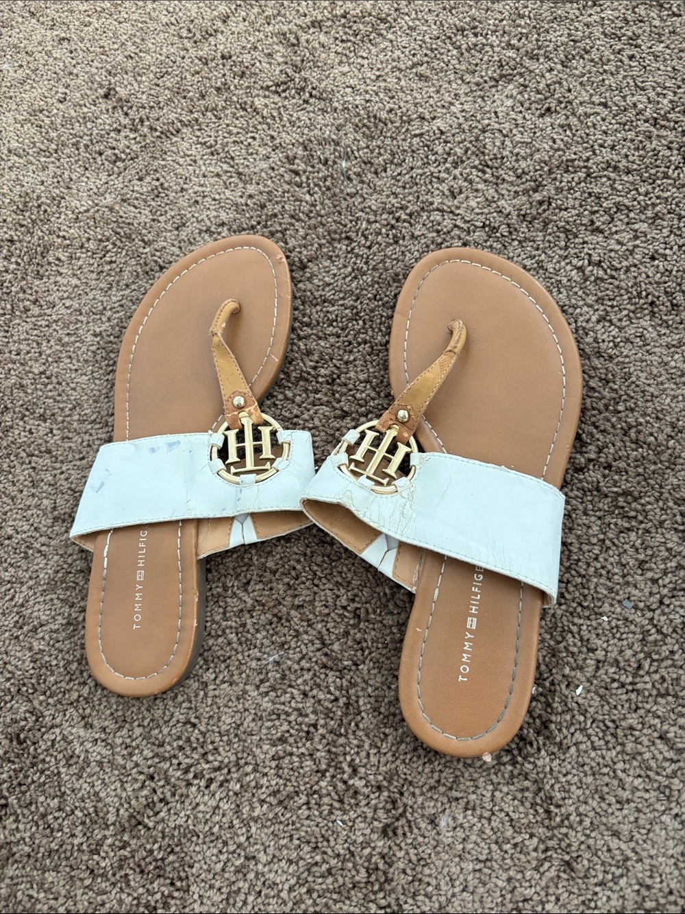 Tommy Hilfiger White and Tan Logo Thong Sandals